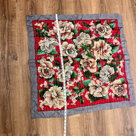 Oscar De La Renta Red Floral Silk Scarf Metallic Threading - Picture 9 of 11